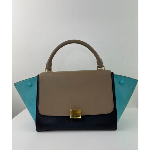 CELINE Trapeze Black Turquoise Teal Taupe Tricolor Leather 2 Handle Strap ITALY - Picture 1 of 16